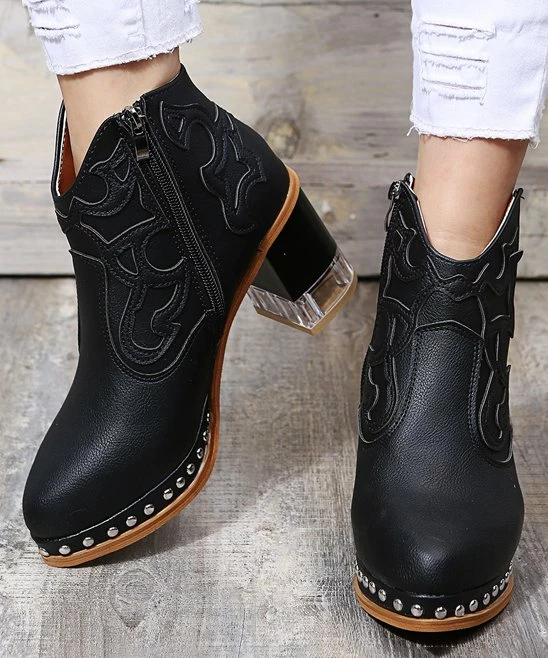 Outlet 👍 PAOTMBU Black Studded Cowboy Ankle Boot - 👩 Women 🥰 - Image 3