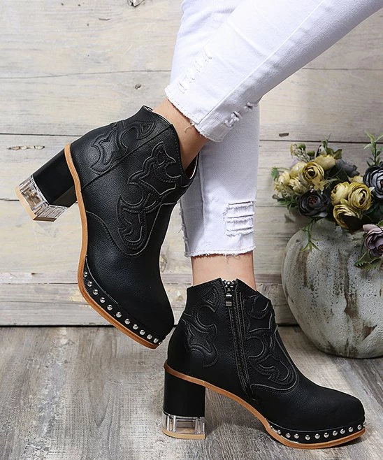 Outlet 👍 PAOTMBU Black Studded Cowboy Ankle Boot - 👩 Women 🥰 - Image 4