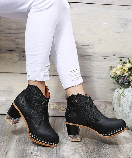 Outlet 👍 PAOTMBU Black Studded Cowboy Ankle Boot - 👩 Women 🥰 - Image 5