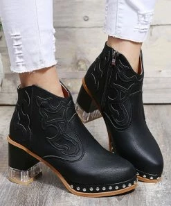 Outlet 👍 PAOTMBU Black Studded Cowboy Ankle Boot - 👩 Women 🥰
