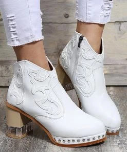 Deals ⌛ PAOTMBU White Studded Cowboy Ankle Boot - 👩 Women 🤩