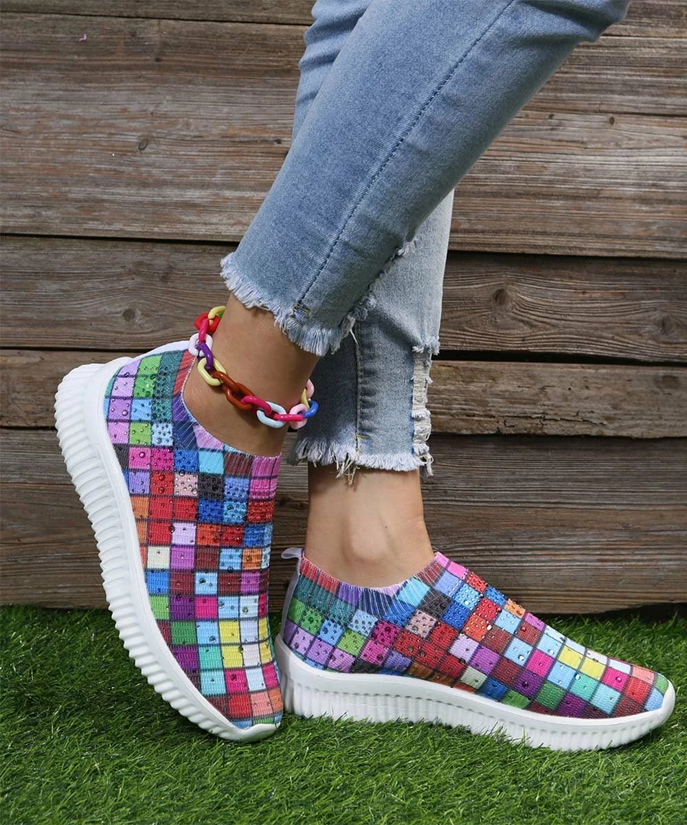 Best Sale 😀 PAOTMBU Red & Purple Check Slip-On 👟 Sneaker - 👩 Women 😉 - Image 2