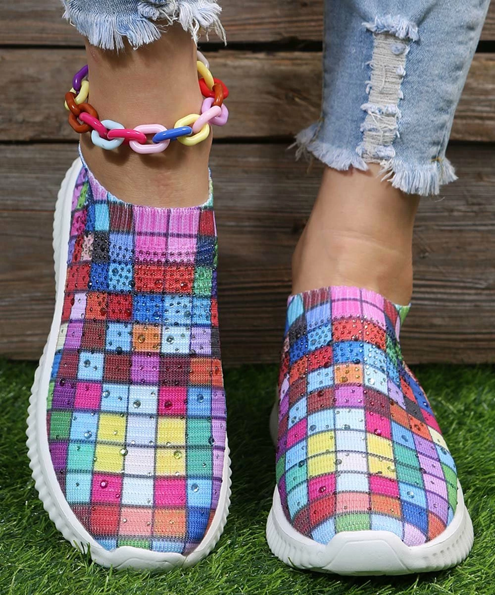 Best Sale 😀 PAOTMBU Red & Purple Check Slip-On 👟 Sneaker - 👩 Women 😉 - Image 4