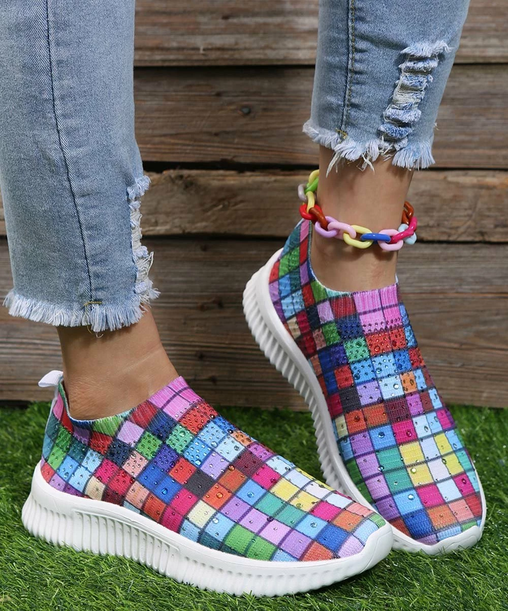 Best Sale 😀 PAOTMBU Red & Purple Check Slip-On 👟 Sneaker - 👩 Women 😉