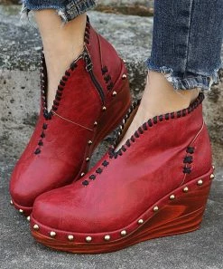 Buy 🛒 PAOTMBU Red Stud-Accent Stitch-Detail Wedge 👟 Shoe - 👩 Women 🎁