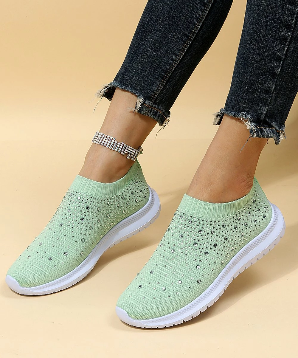 New 🔥 PAOTMBU Green & White Rhinestone Slip-On 👟 Sneaker - 👩 Women 🌟 - Image 2