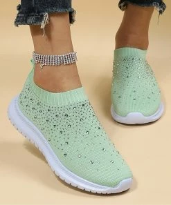 New 🔥 PAOTMBU Green & White Rhinestone Slip-On 👟 Sneaker - 👩 Women 🌟