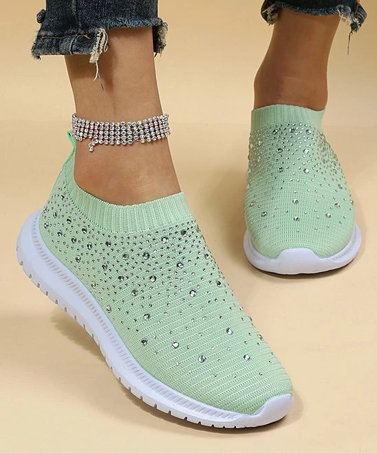 New 🔥 PAOTMBU Green & White Rhinestone Slip-On 👟 Sneaker - 👩 Women 🌟
