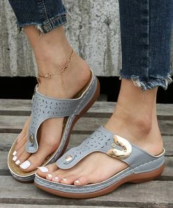 Cheapest 🤩 PAOTMBU Gray & Goldtone Perforated 🩴 Sandal - 👩 Women 🔔