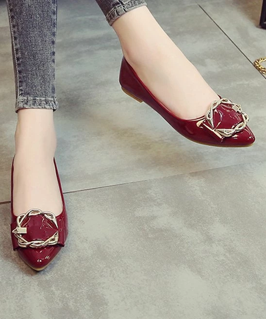 Hot Sale 🌟 PAOTMBU Wine Woven Buckle-Accent Pointed Toe Flat - 👩 Women ⭐ - Image 4