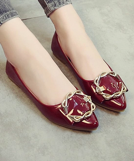 Hot Sale 🌟 PAOTMBU Wine Woven Buckle-Accent Pointed Toe Flat - 👩 Women ⭐