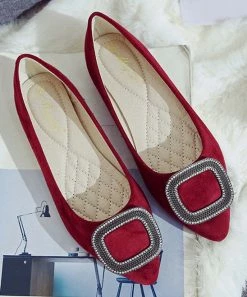Hot Sale ✨ PAOTMBU Wine Rhinestone Buckle-Accent Pointed Toe Flat - 👩 Women 🥰