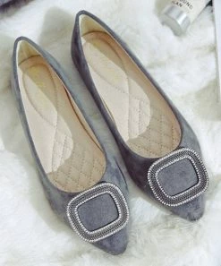 Best Pirce 😀 PAOTMBU Gray Rhinestone Buckle-Accent Pointed Toe Flat - 👩 Women 👍