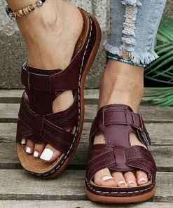 Best reviews of ๐งจ PAOTMBU Wine Perforated Cross-Strap ๐ฉด Sandal - ๐ฉ Women ๐
