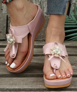 Buy 🤩 PAOTMBU Pink Beaded Bow Wedge 🩴 Sandal - 👩 Women ✔️