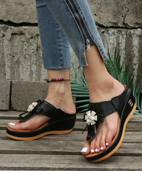 Brand new ๐ฏ PAOTMBU Black Beaded Bow Wedge ๐ฉด Sandal - ๐ฉ Women ๐ - Image 2