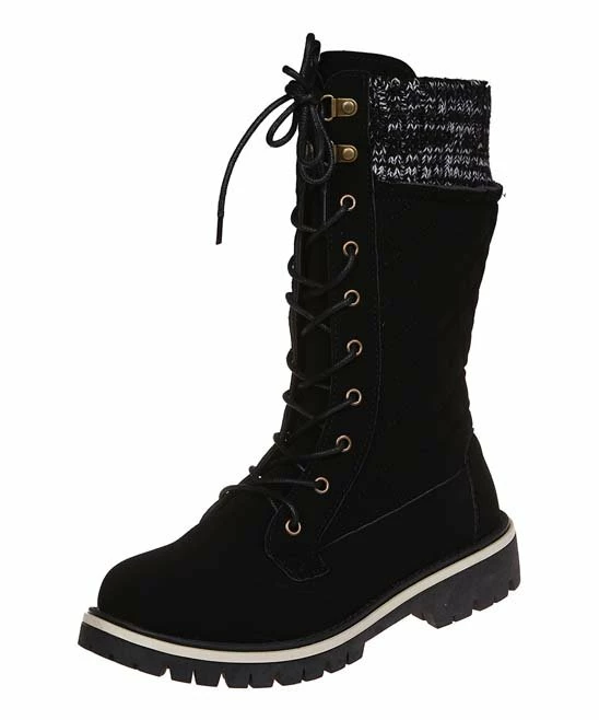 Cheapest ✨ PAOTMBU Black Knit-Cuff Laced-Front Quilted Boot - 👩 Women ✨ - Image 3