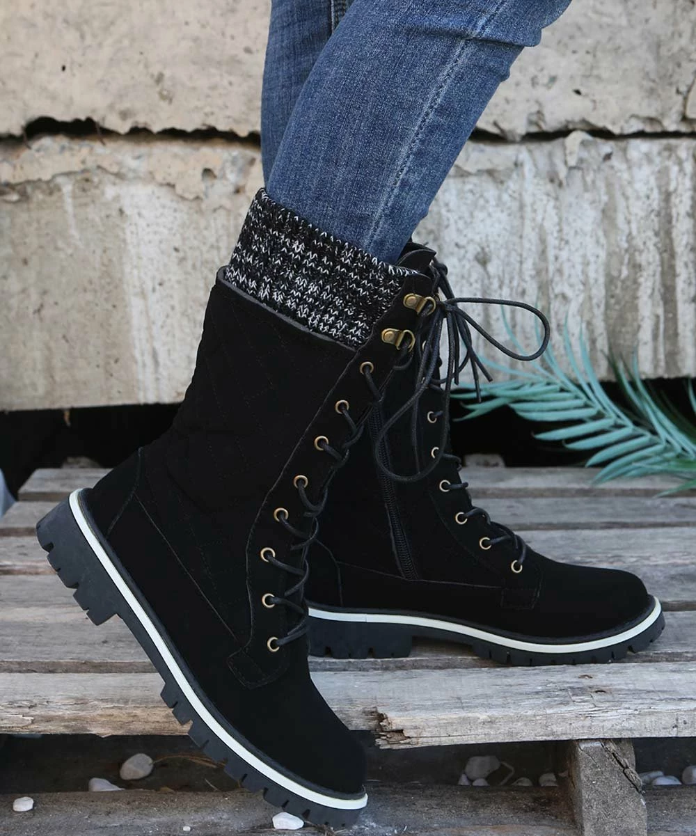 Cheapest ✨ PAOTMBU Black Knit-Cuff Laced-Front Quilted Boot - 👩 Women ✨ - Image 4