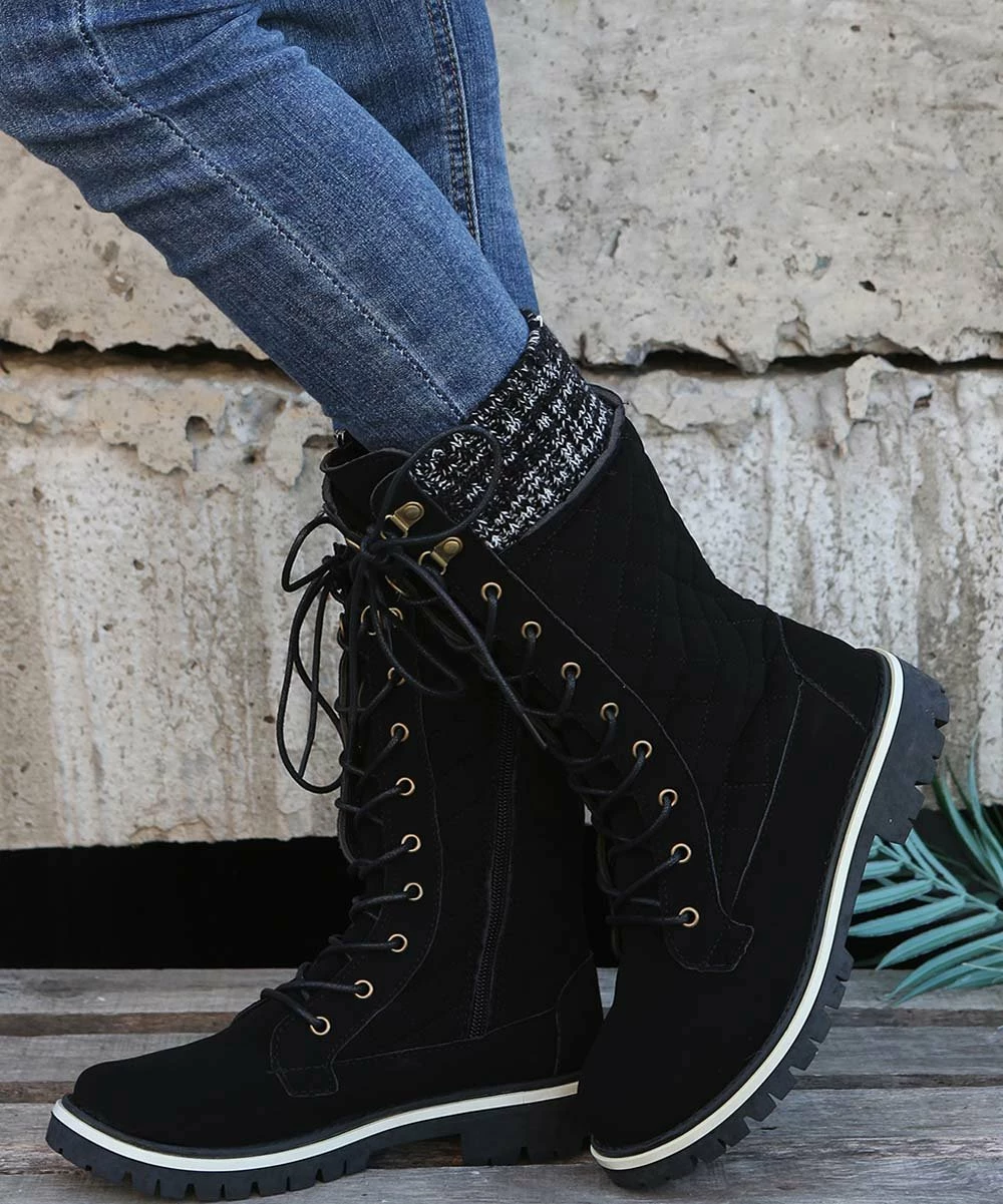 Cheapest ✨ PAOTMBU Black Knit-Cuff Laced-Front Quilted Boot - 👩 Women ✨ - Image 5