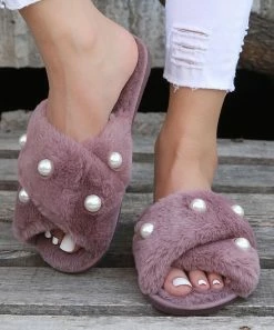 Best Sale π PAOTMBU Purple Beaded Cross-Strap Plush Slide Slipper - π© Women βοΈ