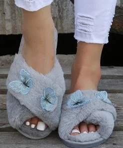 Hot Sale π PAOTMBU Gray Butterfly Cross-Strap Plush Slide Slipper - π© Women π―