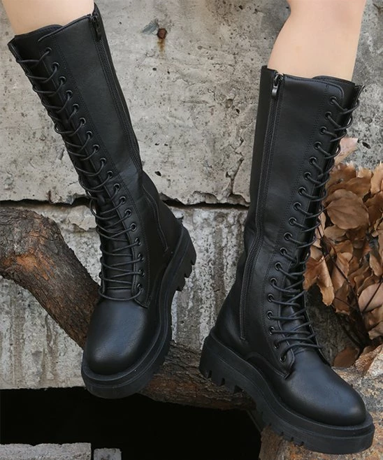 Discount 🛒 PAOTMBU Black Lace-Up Over-the-Calf Platform Boot - 👩 Women 🛒 - Image 2