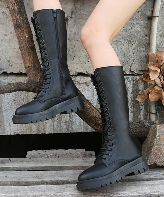 Discount 🛒 PAOTMBU Black Lace-Up Over-the-Calf Platform Boot - 👩 Women 🛒 - Image 3