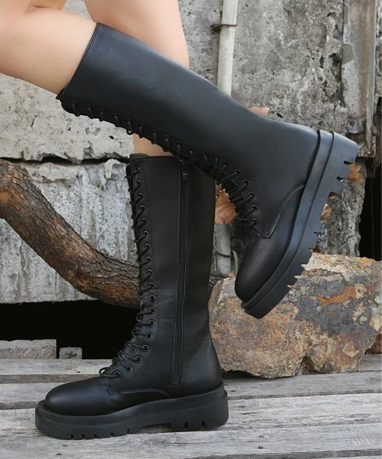 Discount 🛒 PAOTMBU Black Lace-Up Over-the-Calf Platform Boot - 👩 Women 🛒 - Image 4