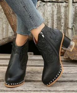 Discount 🔥 PAOTMBU Black Embossed Studded High-Heel Ankle Boot - 👩 Women 😉