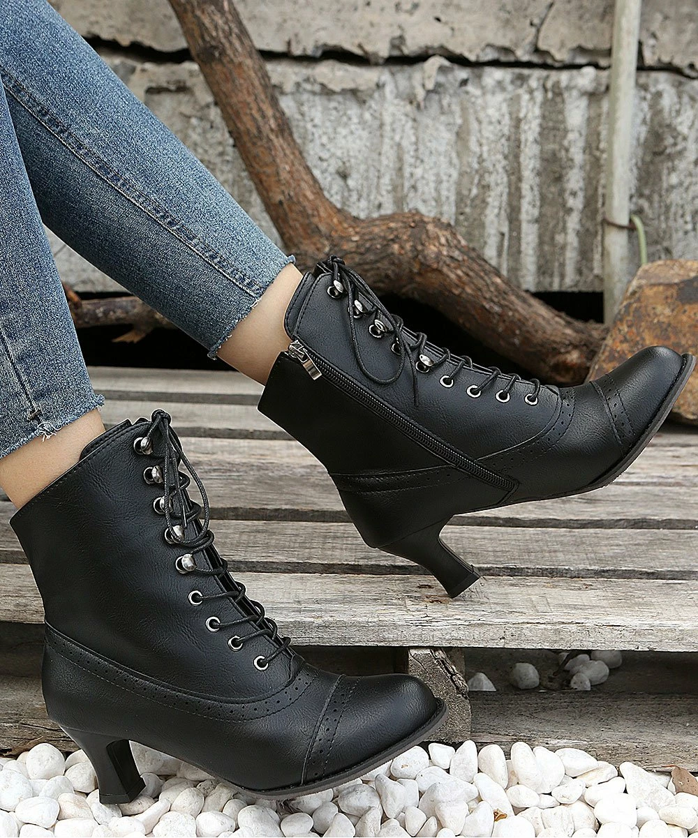 New 🔔 PAOTMBU Black Lace-Up High-Heel Ankle Boot - 👩 Women 🔥 - Image 3