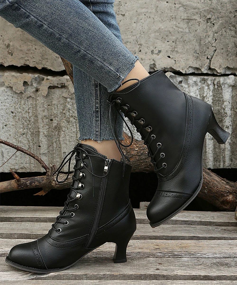 New 🔔 PAOTMBU Black Lace-Up High-Heel Ankle Boot - 👩 Women 🔥