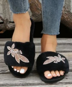 Hot Sale π₯° PAOTMBU Black Rhinestone Flower Accent Slipper - π© Women π₯°