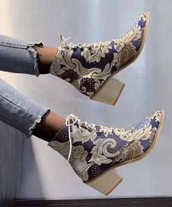 Best Pirce 🤩 PAOTMBU Blue Floral Embroidered Bootie - 👩 Women 🛒