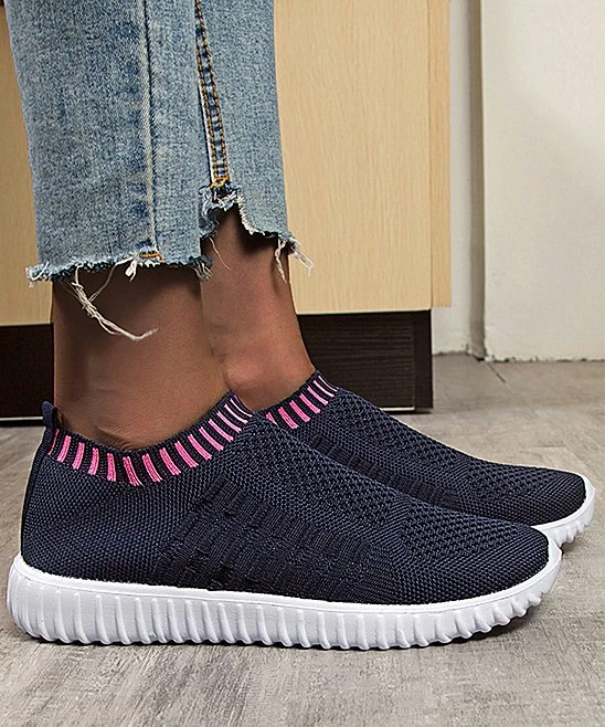 Brand new 🎉 PAOTMBU Navy & Pink Stripe-Trim Slip-On 👟 Sneaker - 👩 Women 🤩 - Image 2