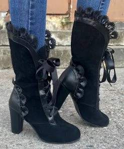 New 🔔 PAOTMBU Black Lace-Trim Ribbon Block-Heel Boot - 👩 Women 🎁