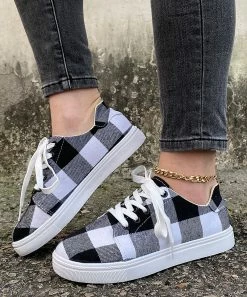Promo 🛒 PAOTMBU Black & White Buffalo Check 👟 Sneaker - 👩 Women ✔️