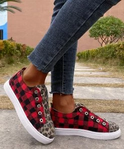Best deal ๐ PAOTMBU Red & Black Buffalo Plaid Leopard Grommet Slip-On ๐ Sneaker - ๐ฉ Women ๐งจ