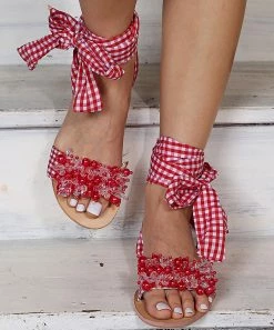 Promo ✨ PAOTMBU Red & White Gingham Beaded Ankle-Tie 🩴 Sandals - 👩 Women 🌟