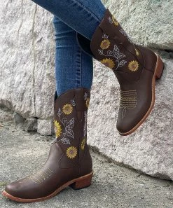 Best Sale 😀 PAOTMBU Deep Brown Sunflower Cowboy Boot - 👩 Women 👍